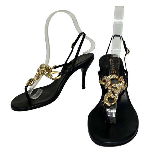 Chanel Sz 36 Black Leather Slingback Heels With Gold Chain Rhinestone Detail - Picture 1 of 14
